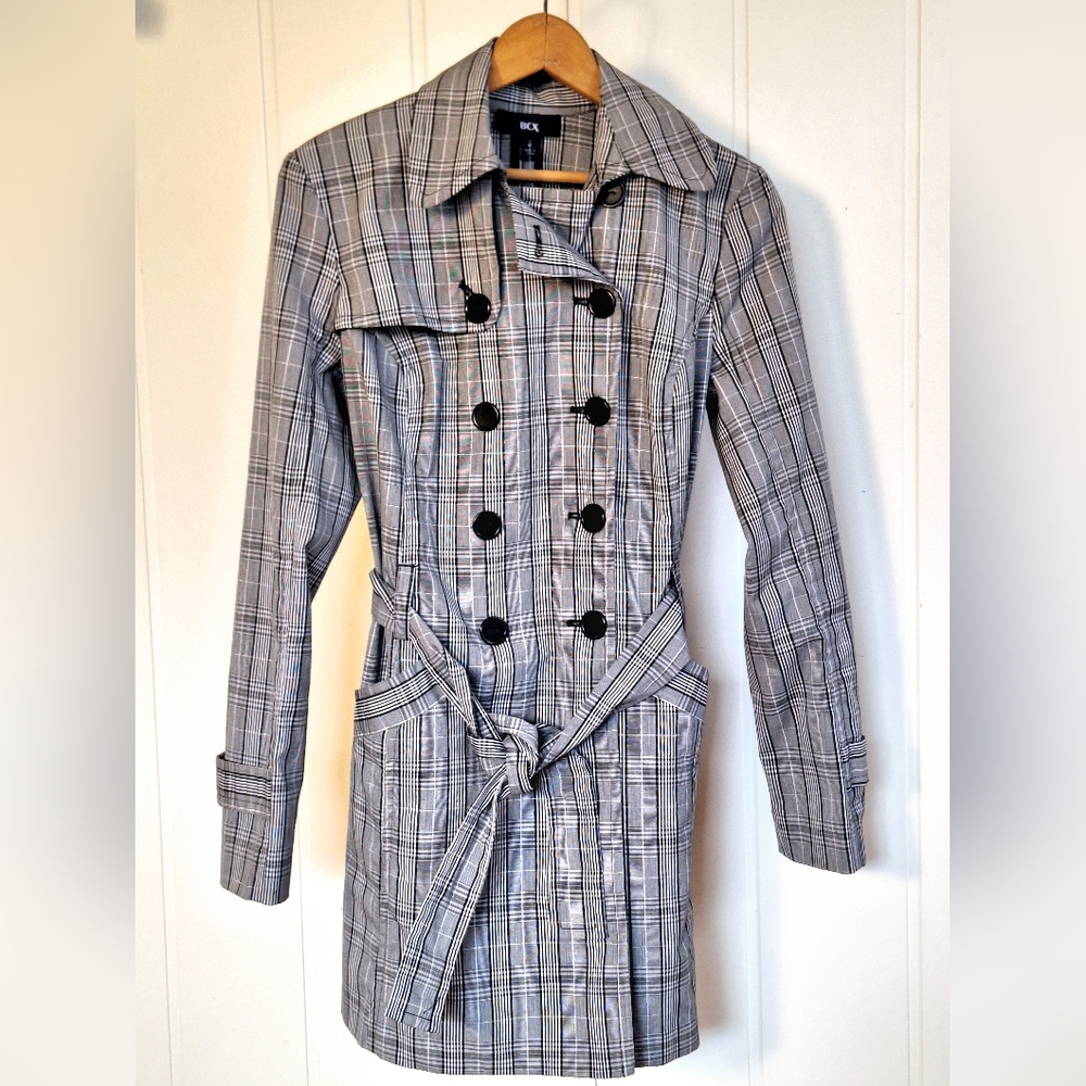 BCX Gray Plaid Trench Coat Timeless Acadamia Design Size M Very Good Condition